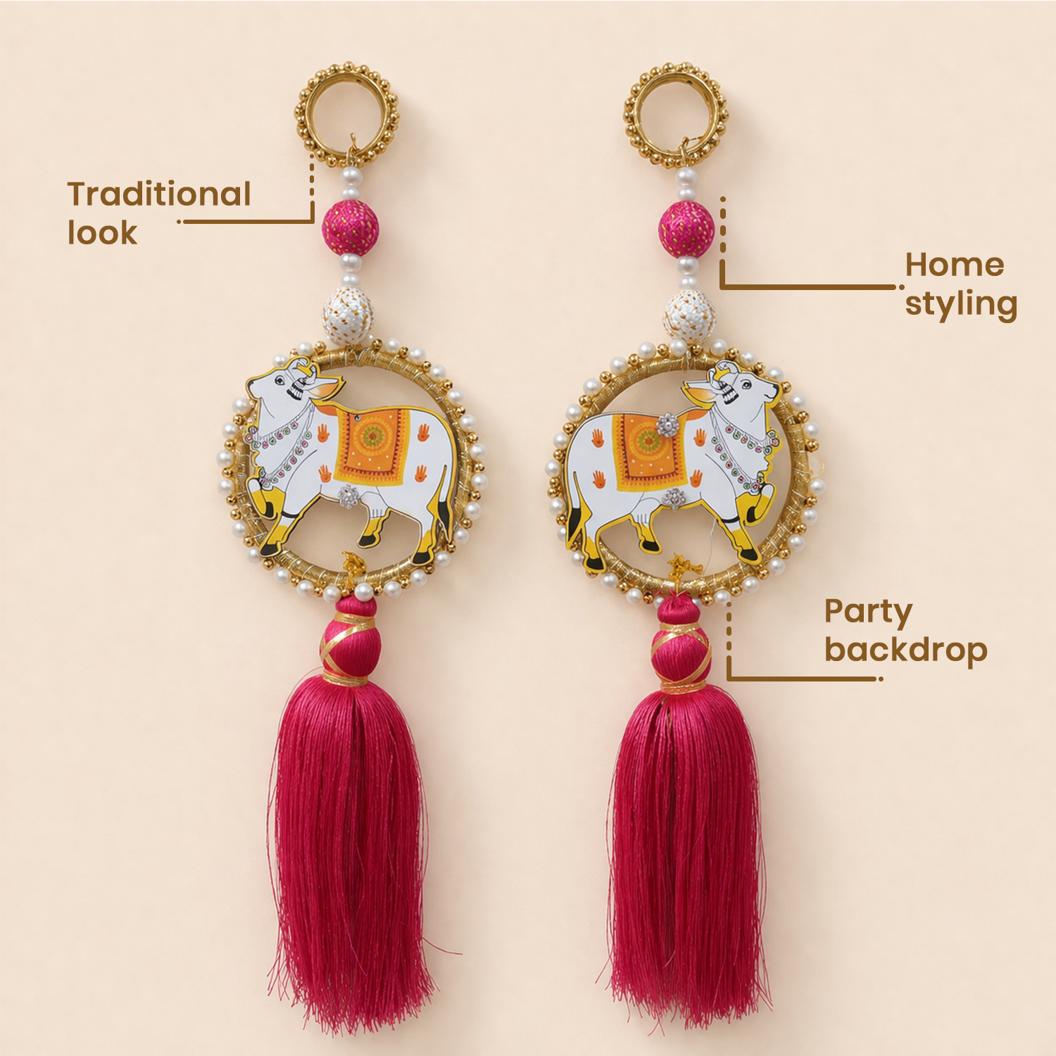 Decorative Hanging Tassels for Home Decor - Traditional Indian Cow Design Wall Hanging for Diwali, Pooja Room, and Festive Party Backdrop, 40cm, Set of 2