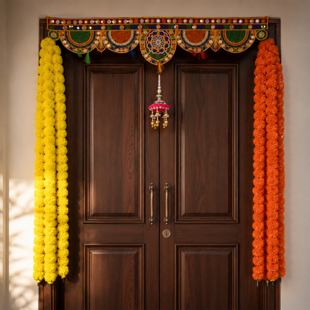 Decorative Traditional Door Toran with Artificial Marigold Hanging Strings – Festive Home Decor for Diwali, Wedding, and Mandir Entrance (Yellow & Orange)