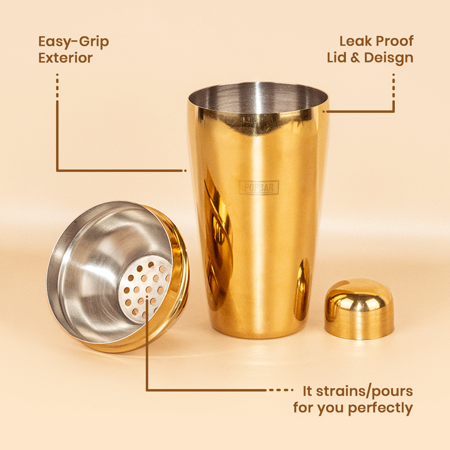 POPBAR Premium Gold Cocktail Shaker – Professional Leak-Proof Stainless Steel Martini Shaker 5