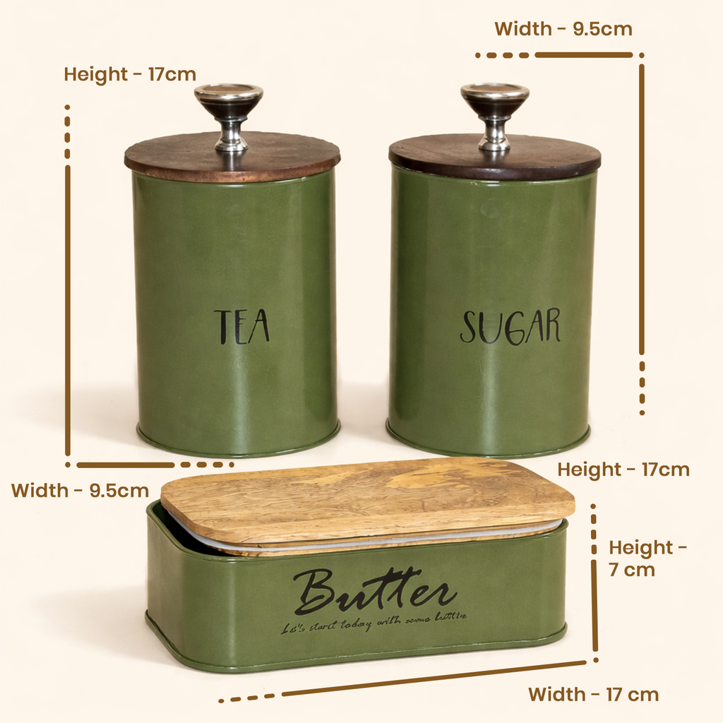 Tea, Sugar & Butter Dish With Airtight Wooden Lids Set of 3 (Green) 5