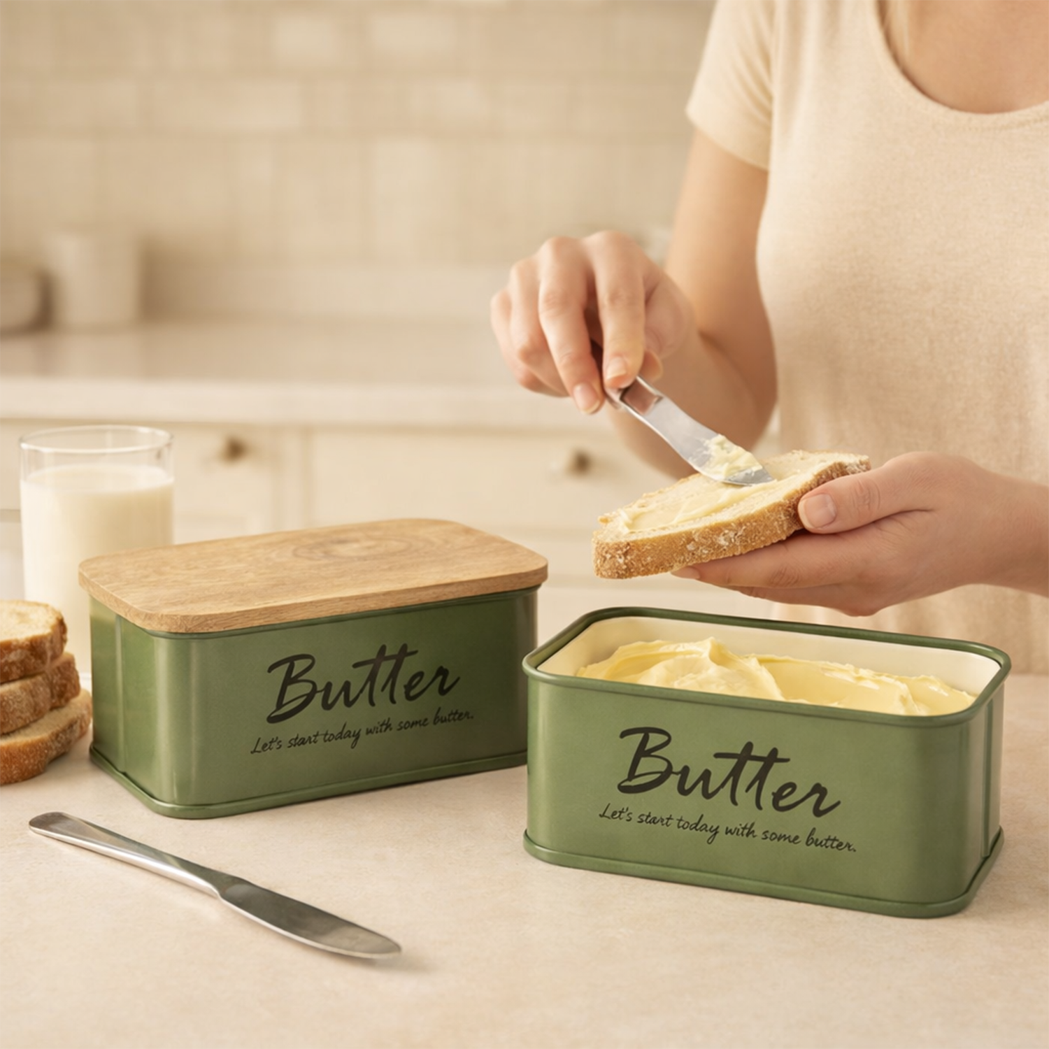 Butter Dish With Wooden Lid Air Tight (Green) For Kitchen