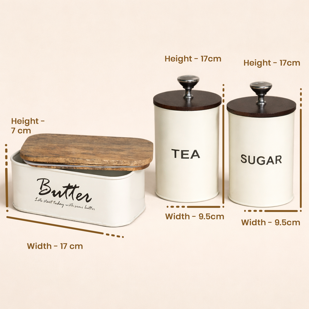 Tea Sugar & Butter Dish With Air Tight Wooden Lids Set of 3 (White) 4