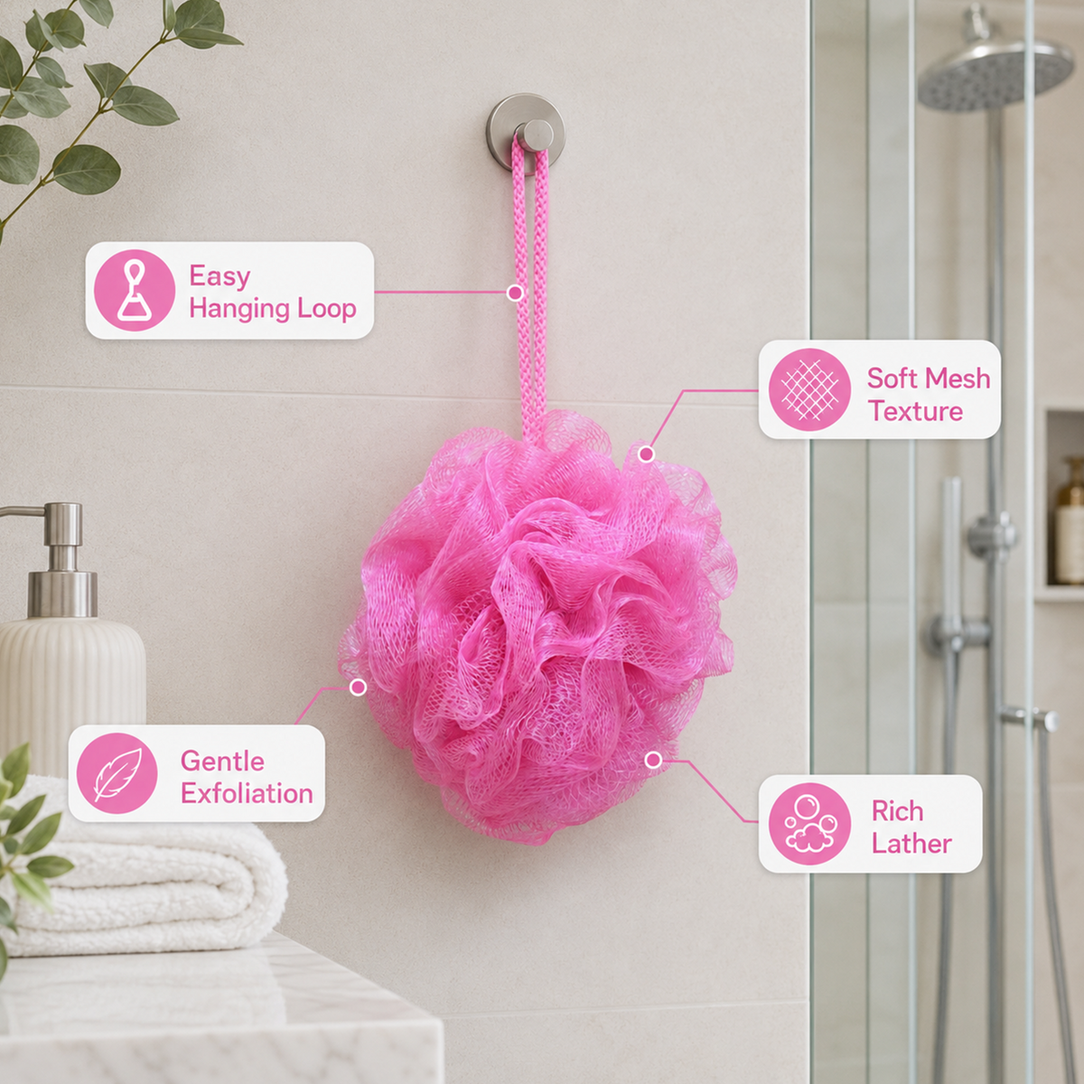 Bath Sponge Loofah - Soft Mesh Shower Pouf for Gentle Exfoliation, Body Scrubbing, and Deep Cleaning - Durable Hanging Design for Bathroom Essentials