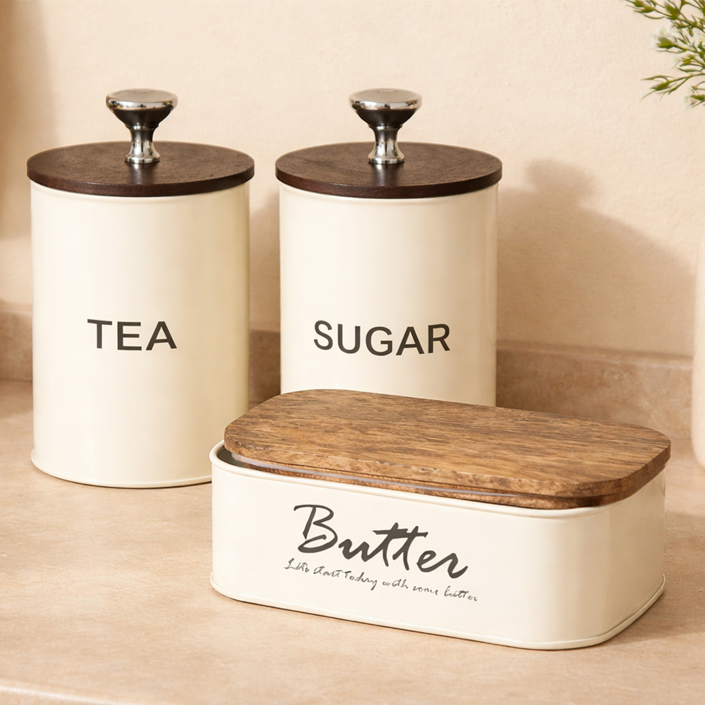 Tea Sugar & Butter Dish With Air Tight Wooden Lids Set of 3 (White) 1