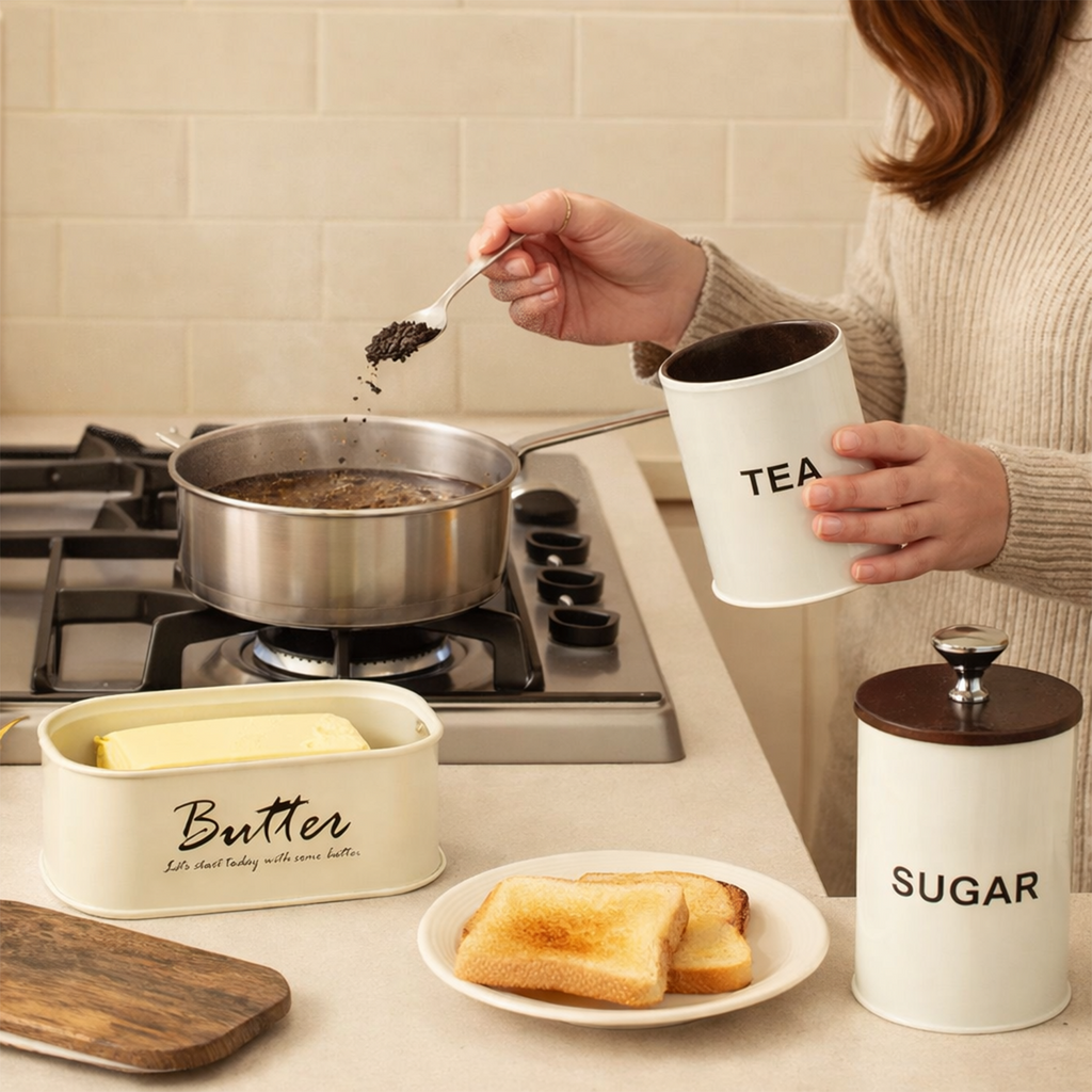 Tea Sugar & Butter Dish With Air Tight Wooden Lids Set of 3 (White) 2
