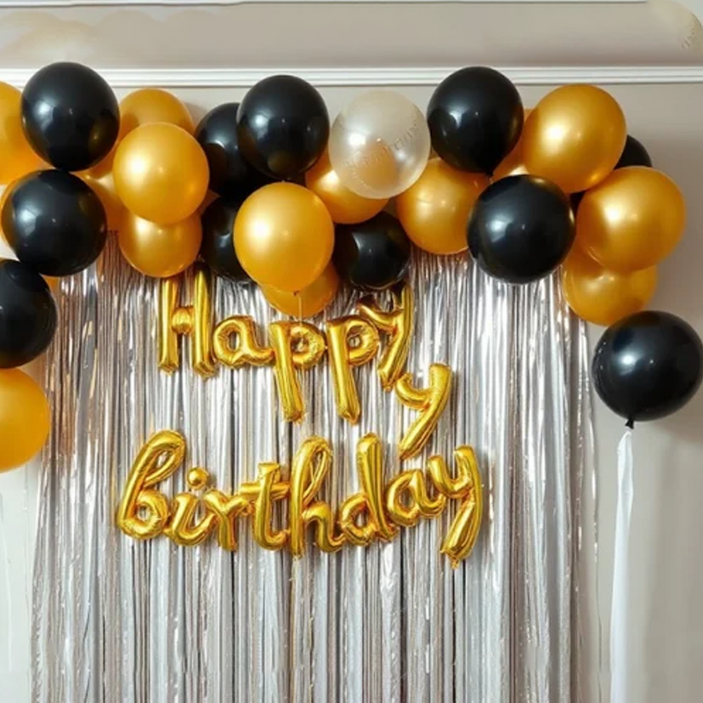 53 Pcs Birthday Celebration Kit - Golden Happy Birthday Foil Balloon, Metallic Balloons & Foil Fringe Curtains - Complete Party Decoration Set for Kids & Adults 2