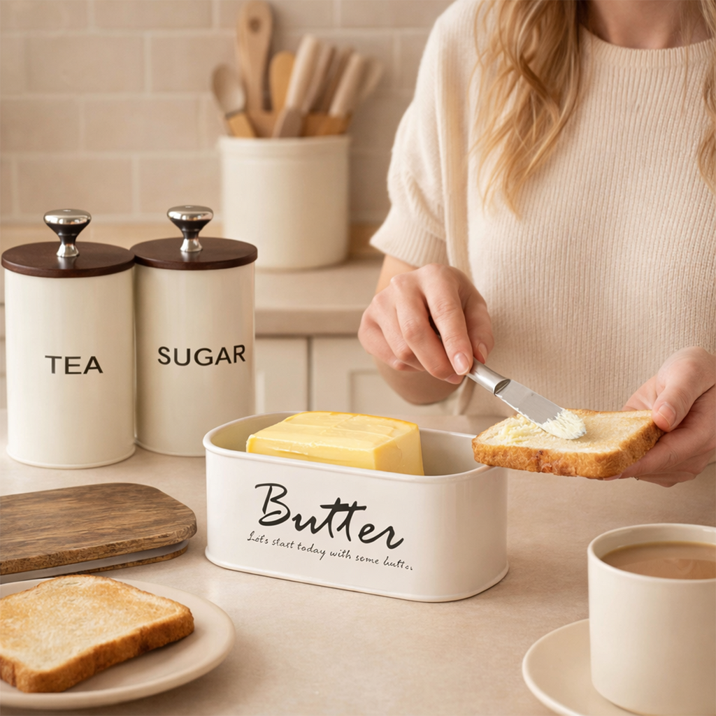 Tea Sugar & Butter Dish With Air Tight Wooden Lids Set of 3 (White) 3