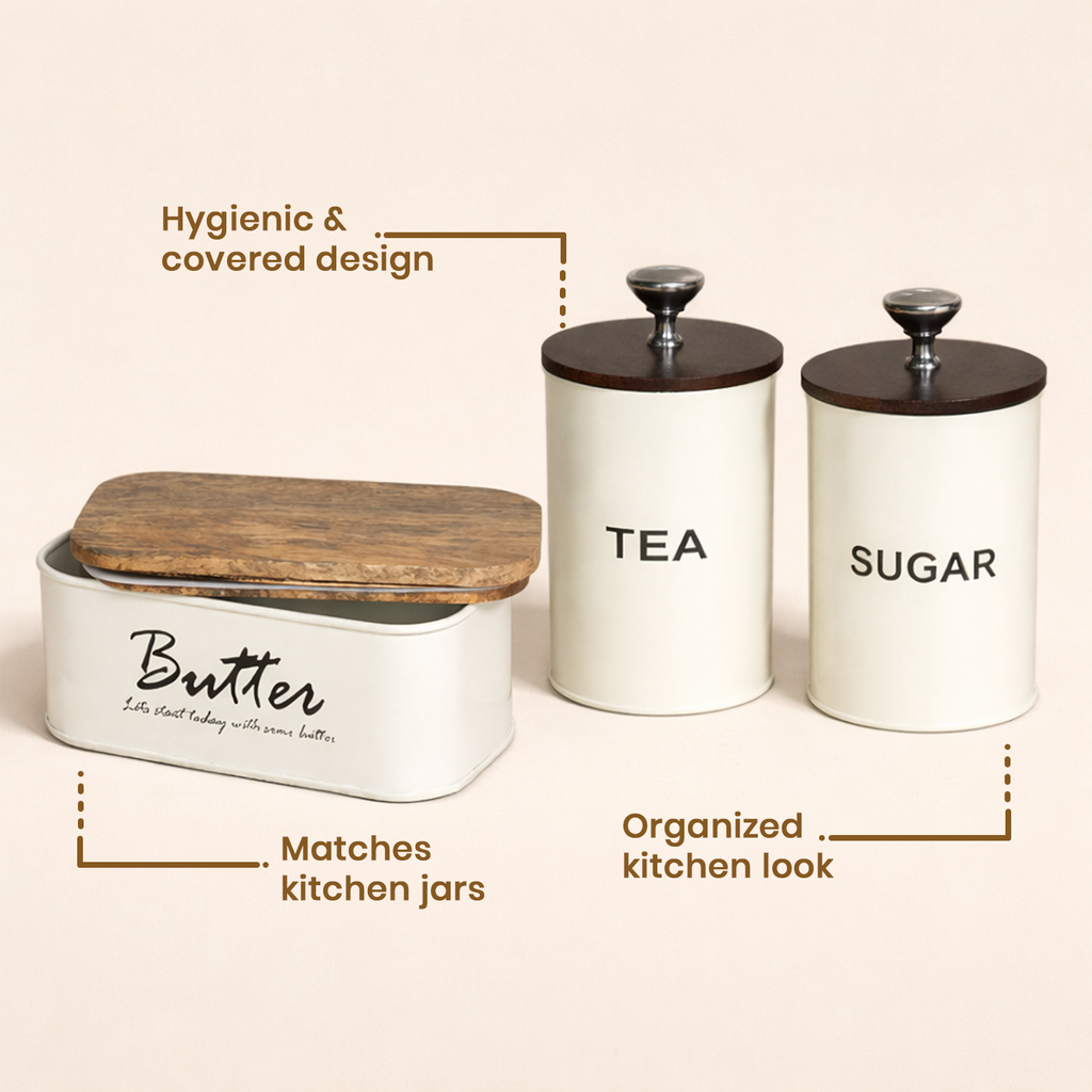Tea Sugar & Butter Dish With Air Tight Wooden Lids Set of 3 (White) 5