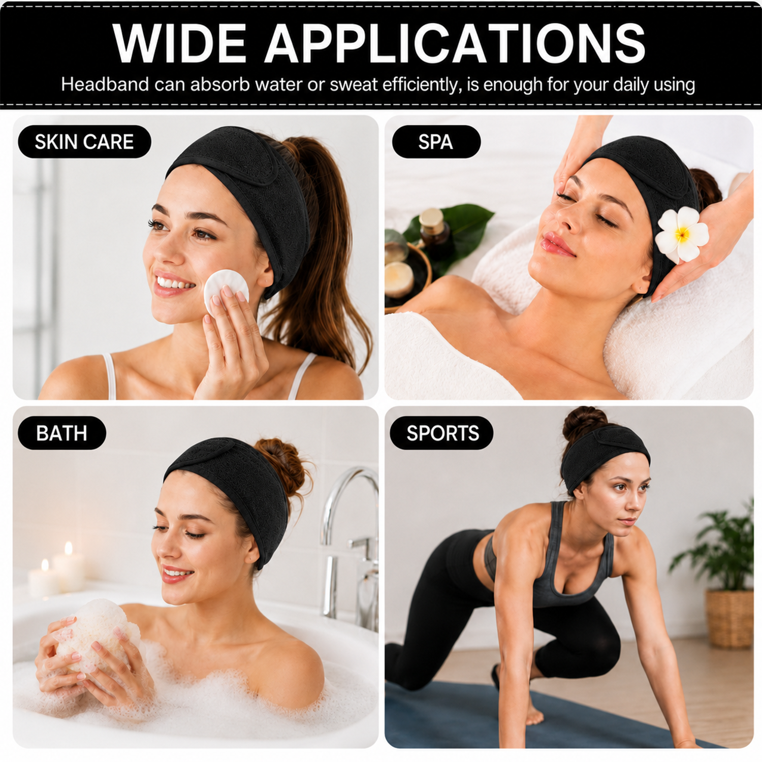 Spa Headband for Skincare – Set of 3 Adjustable Microfiber Headbands for Washing Face, Shower, Makeup, and Sports – Soft, Reusable, and Machine Washable Grey Hair Bands (Grey)