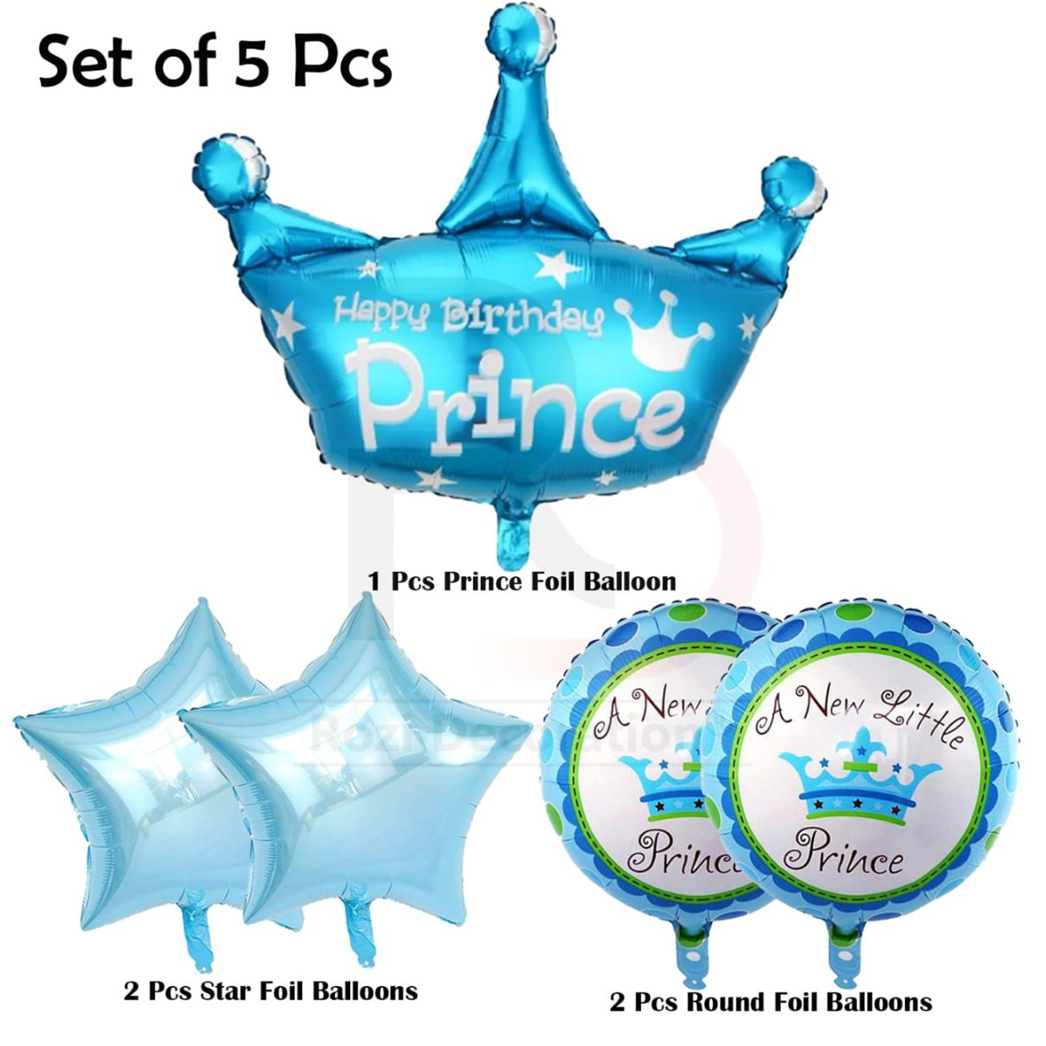 5 Pcs Blue Prince Theme Birthday Balloon Set - Large Crown Foil Balloon, Star Balloons, and Round Prince Mylar Balloons for Boys' First Birthday Party Decorations