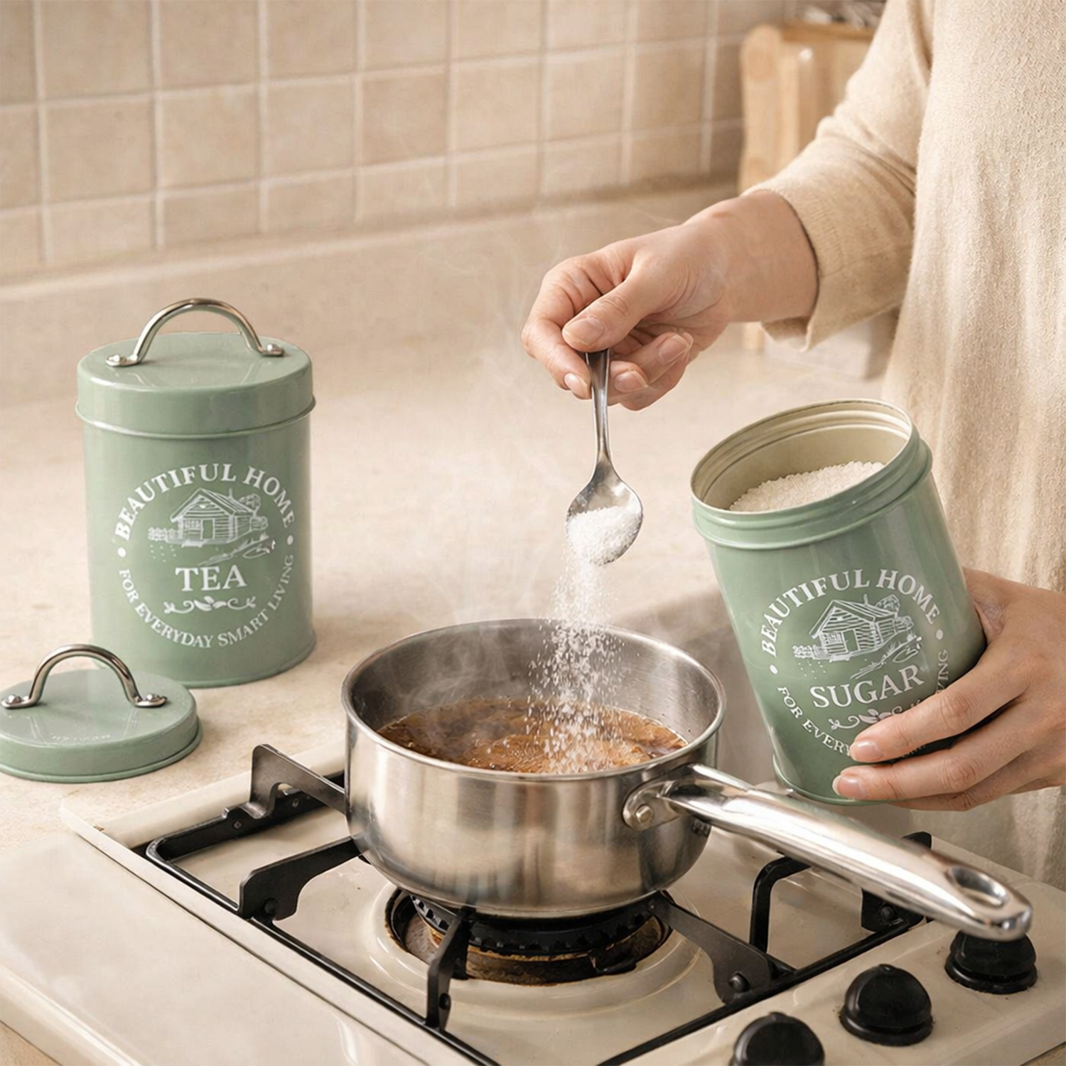 Tea and Sugar Canister Set of 2 - Vintage Metal Kitchen Storage Jars with Airtight Lids & Handles - Retro Farmhouse Tea Coffee Sugar Container Set for Kitchen Countertop Decor