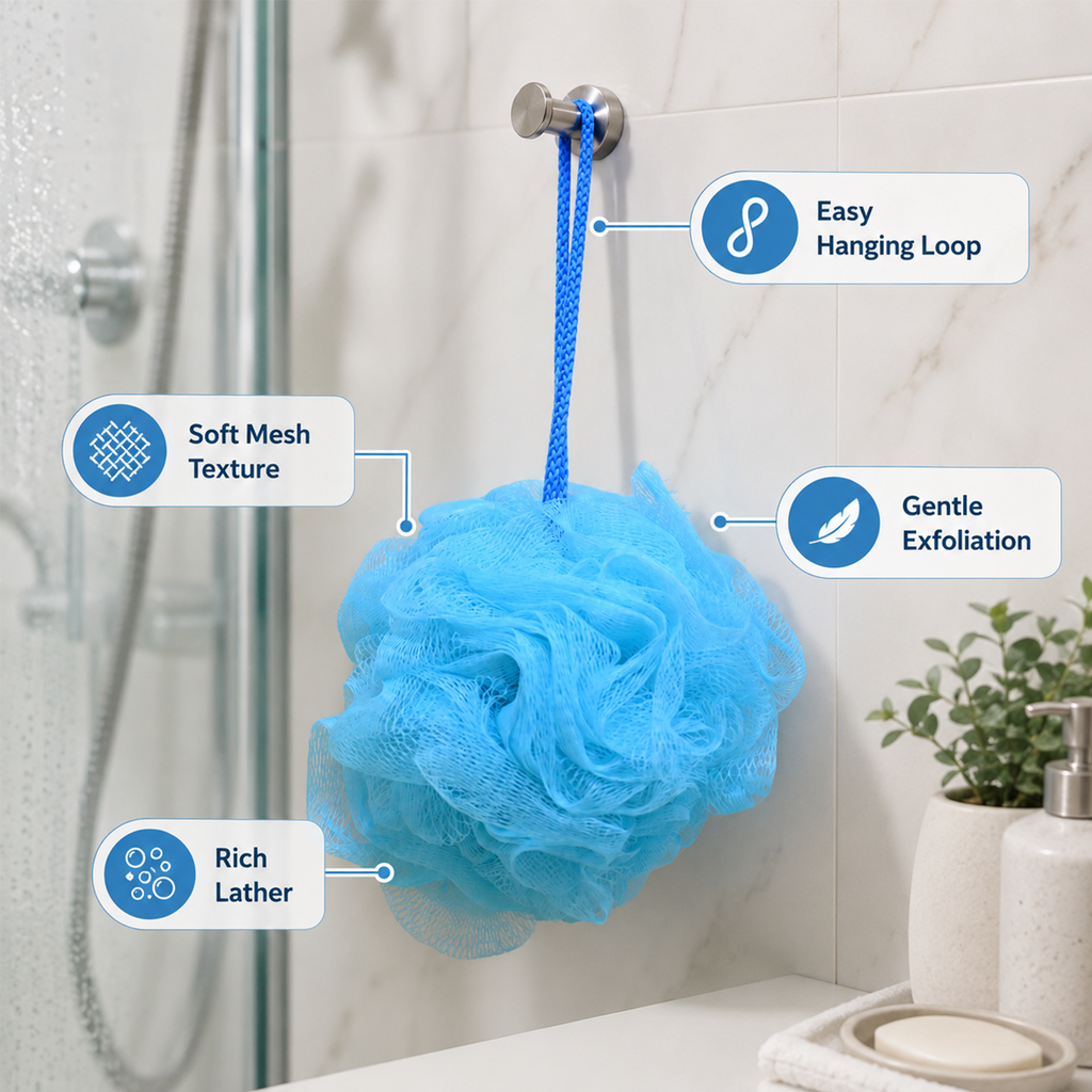 Bath Sponge Loofah - Soft Mesh Shower Pouf for Gentle Exfoliation, Body Scrubbing, and Deep Cleaning - Durable Hanging Design for Bathroom Essentials