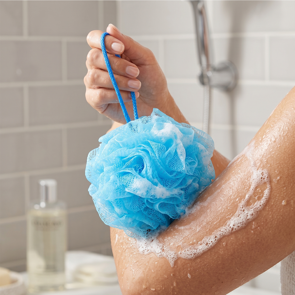 Bath Sponge Loofah - Soft Mesh Shower Pouf for Gentle Exfoliation, Body Scrubbing, and Deep Cleaning - Durable Hanging Design for Bathroom Essentials