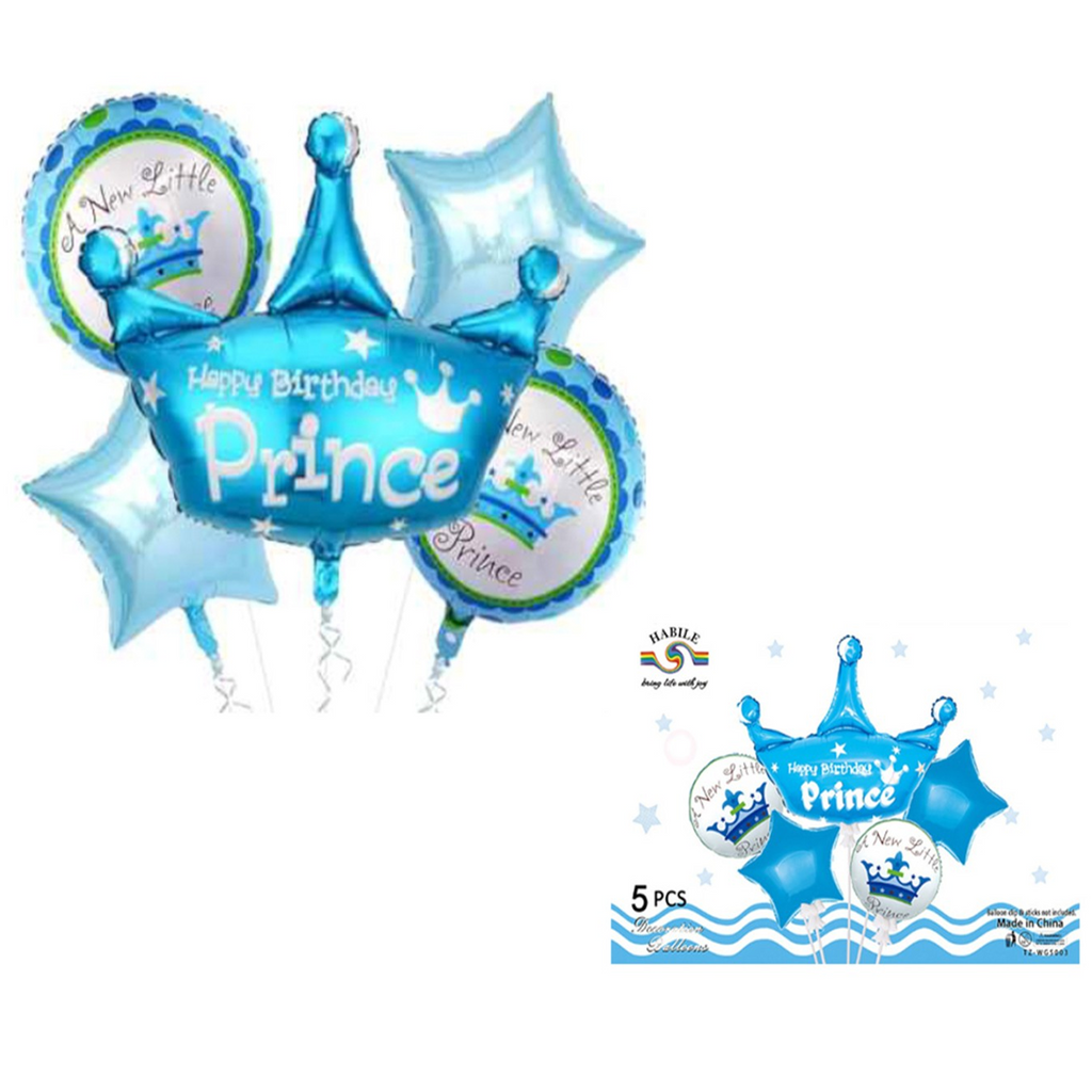 5 Pcs Blue Prince Theme Birthday Balloon Set - Large Crown Foil Balloon, Star Balloons, and Round Prince Mylar Balloons for Boys' First Birthday Party Decorations