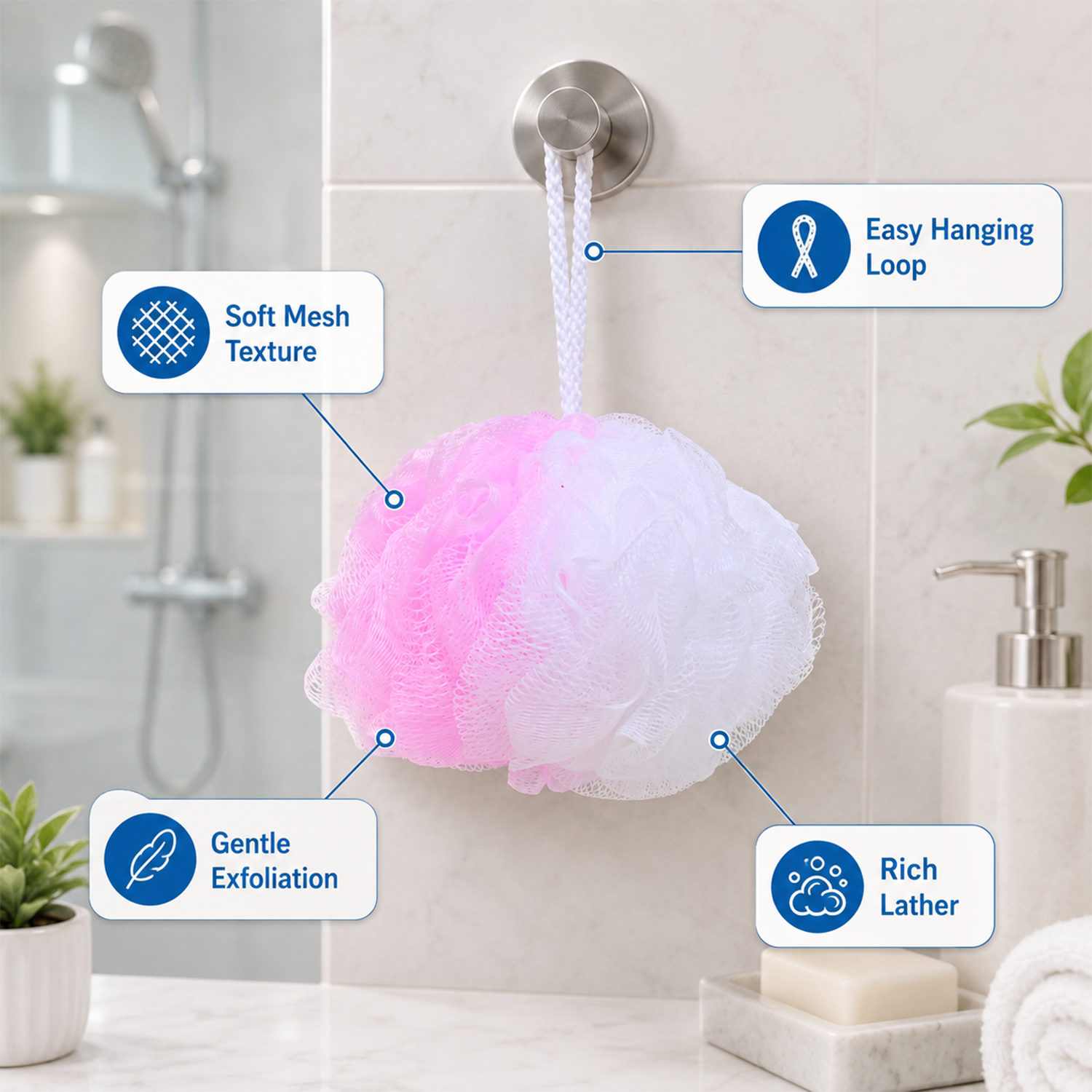 Bath Sponge Loofah - Soft Mesh Shower Pouf for Gentle Exfoliation, Body Scrubbing, and Deep Cleaning - Durable Hanging Design for Bathroom Essentials