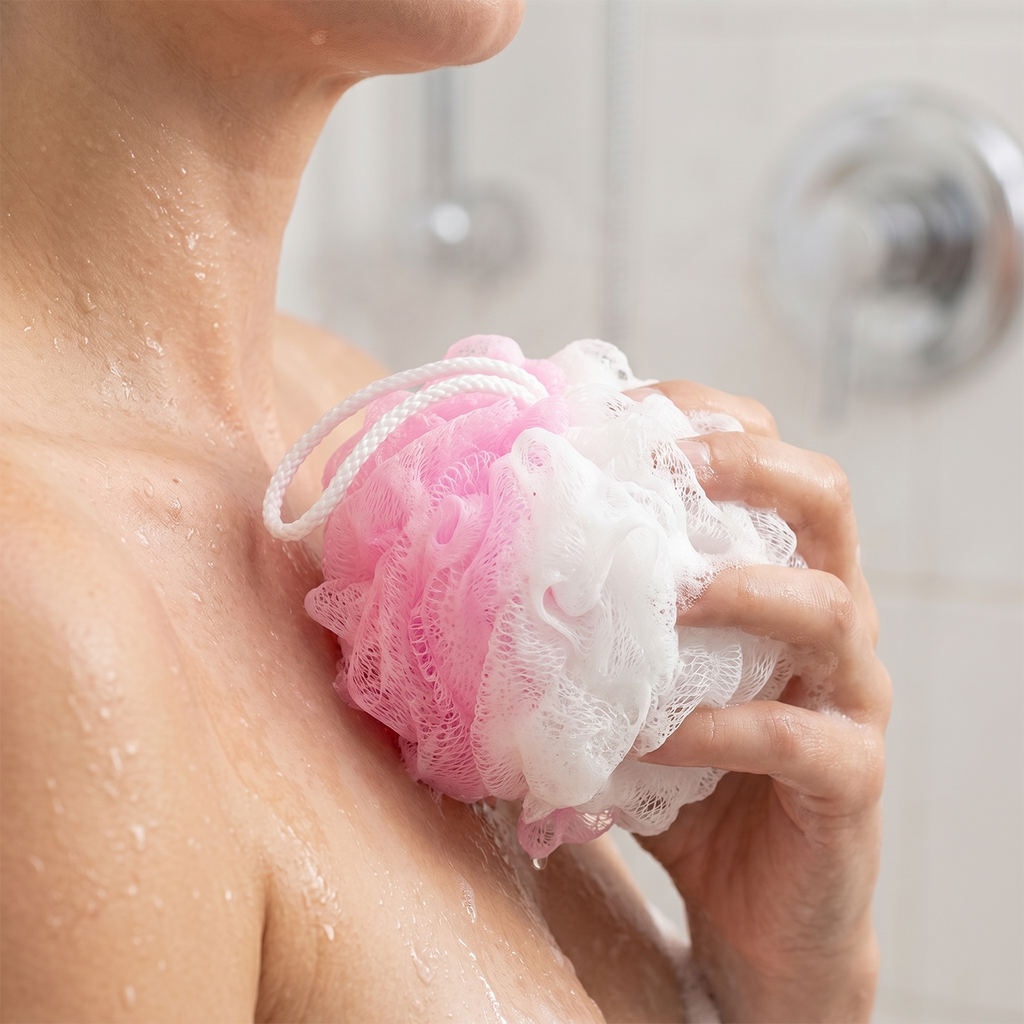 Bath Sponge Loofah - Soft Mesh Shower Pouf for Gentle Exfoliation, Body Scrubbing, and Deep Cleaning - Durable Hanging Design for Bathroom Essentials