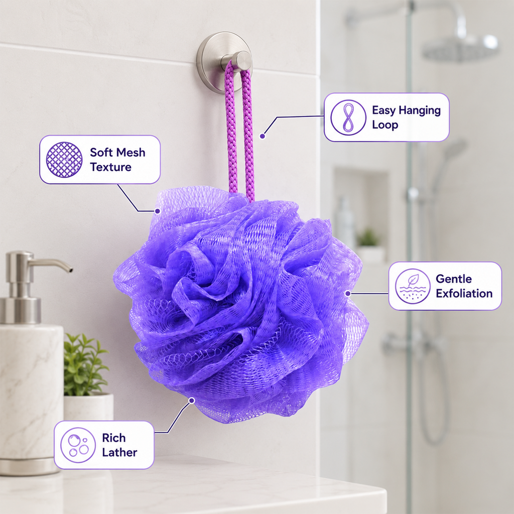 Bath Sponge Loofah - Soft Mesh Shower Pouf for Gentle Exfoliation, Body Scrubbing, and Deep Cleaning - Durable Hanging Design for Bathroom Essentials