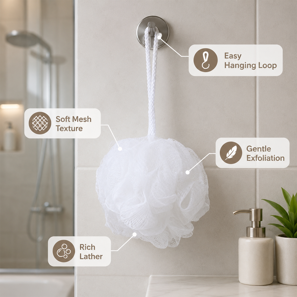 Bath Sponge Loofah - Soft Mesh Shower Pouf for Gentle Exfoliation, Body Scrubbing, and Deep Cleaning - Durable Hanging Design for Bathroom Essentials