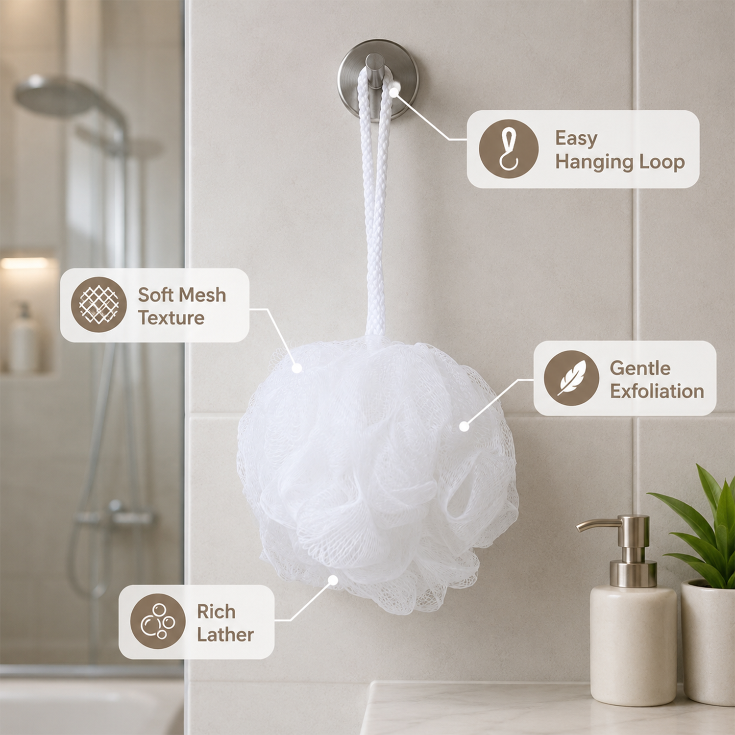 Bath Sponge Loofah - Soft Mesh Shower Pouf for Gentle Exfoliation, Body Scrubbing, and Deep Cleaning - Durable Hanging Design for Bathroom Essentials