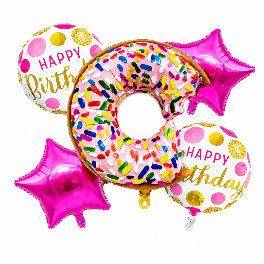 5 Pcs Donut Birthday Balloon Set - Includes 26" Giant Donut Foil Balloon and Pink Star/Happy Birthday Balloons