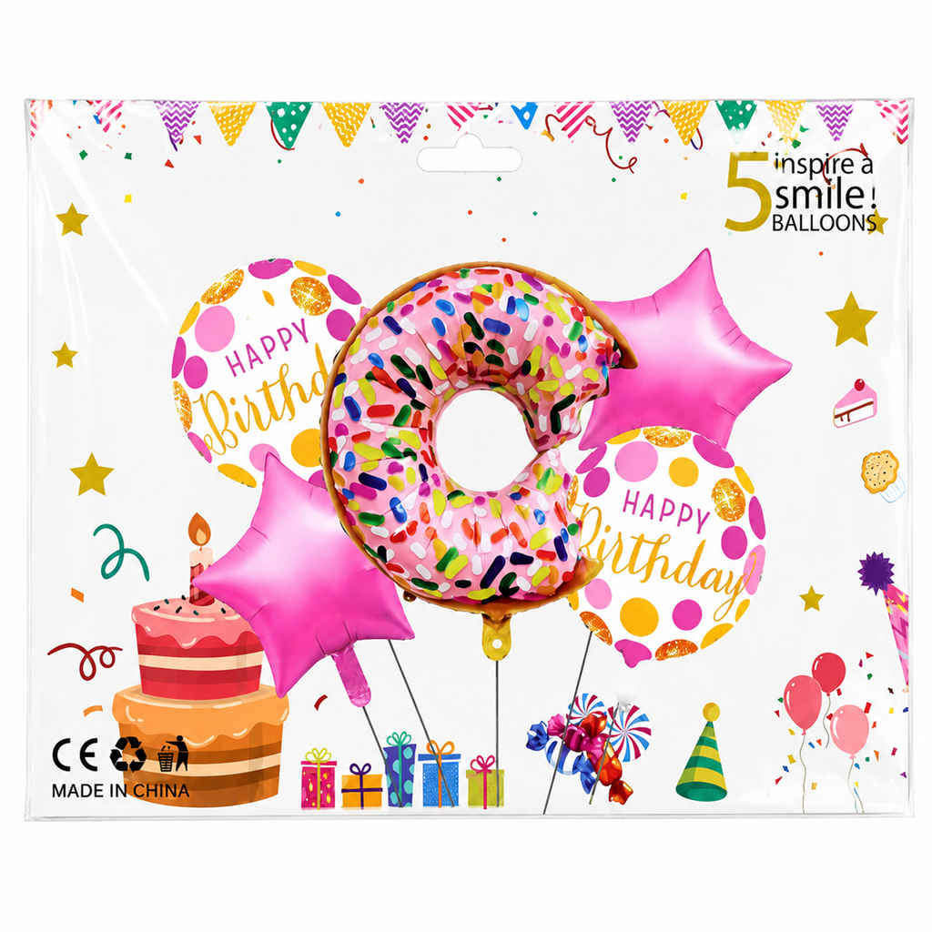 5 Pcs Donut Birthday Balloon Set - Includes 26" Giant Donut Foil Balloon and Pink Star/Happy Birthday Balloons
