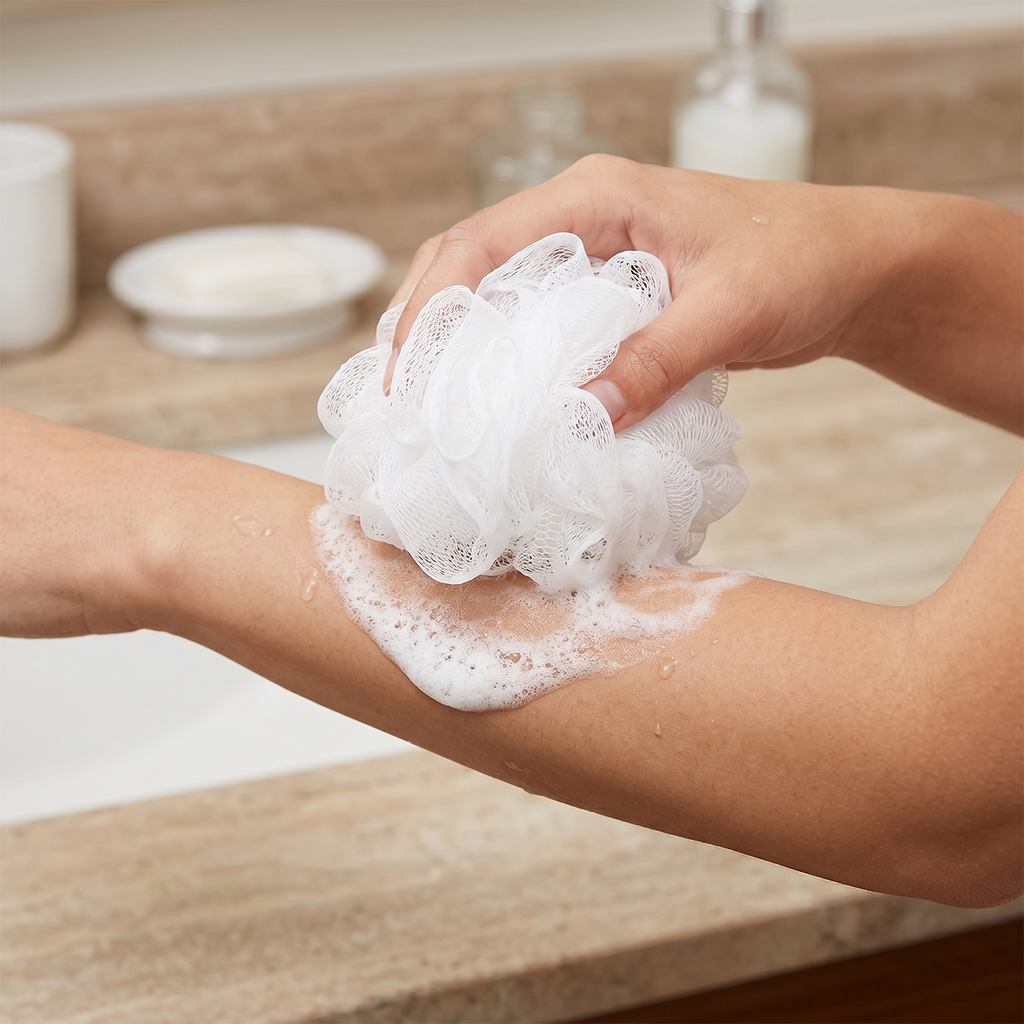 Bath Sponge Loofah - Soft Mesh Shower Pouf for Gentle Exfoliation, Body Scrubbing, and Deep Cleaning - Durable Hanging Design for Bathroom Essentials