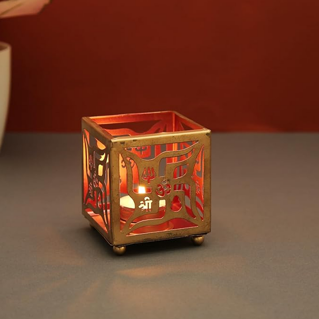 Gold Metal Swastika Tea Light Holder - Spiritual Votive Candle Stand 1
