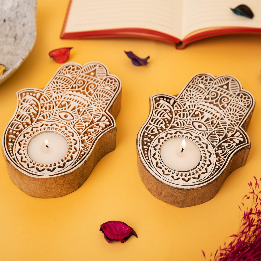 Mandala Wooden Hand Tea Light Holder