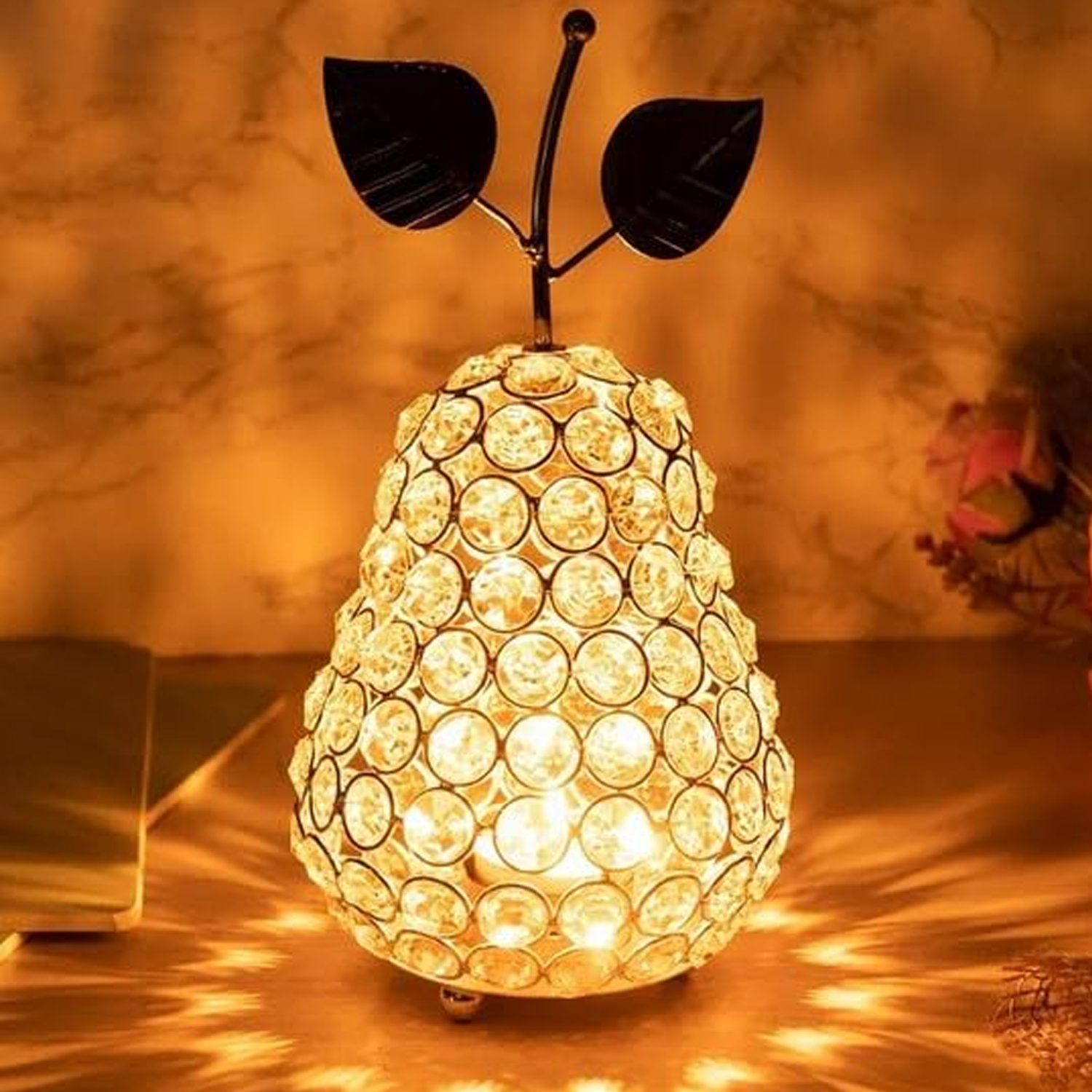 Iron/Glass Pear Crystal Tea Light Holder For Home Decoration (Pack of 1)