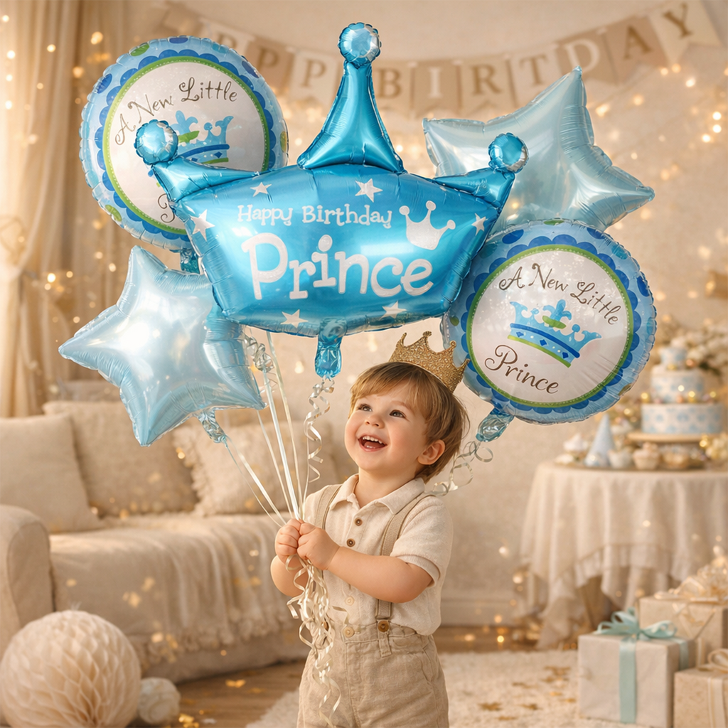 5 Pcs Blue Prince Theme Birthday Balloon Set - Large Crown Foil Balloon, Star Balloons, and Round Prince Mylar Balloons for Boys' First Birthday Party Decorations