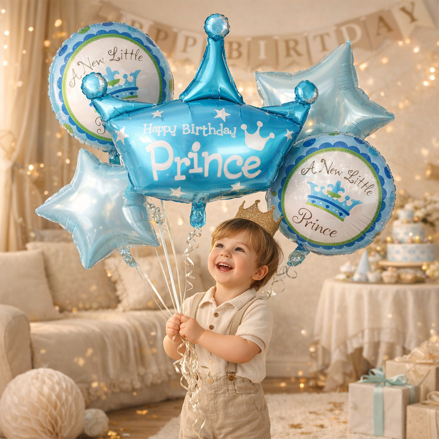 5 Pcs Blue Prince Theme Birthday Balloon Set - Large Crown Foil Balloon, Star Balloons, and Round Prince Mylar Balloons for Boys' First Birthday Party Decorations