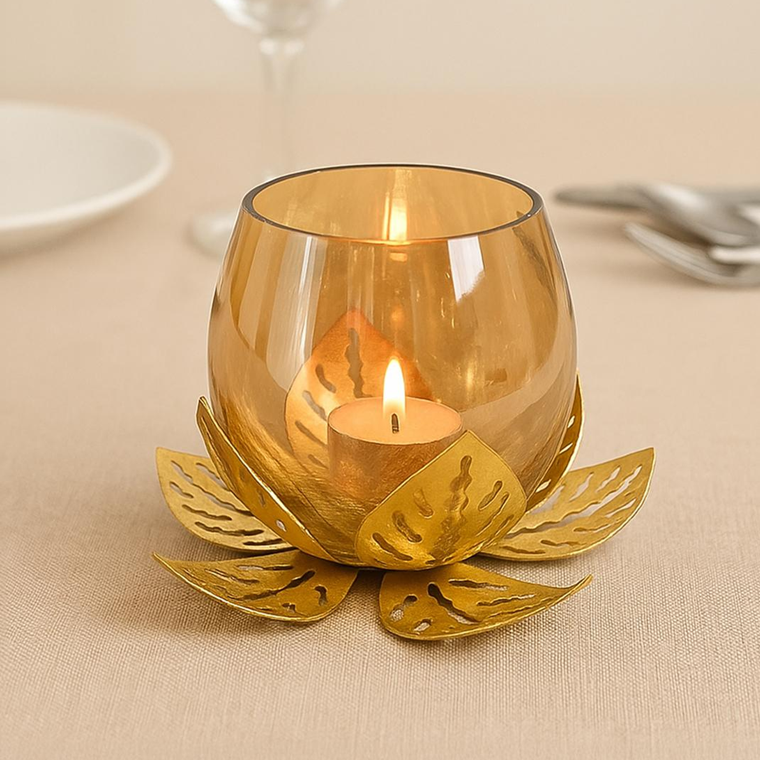 Iron Golden Lotus Candle Holder, tealight Holder, Diwali Gift