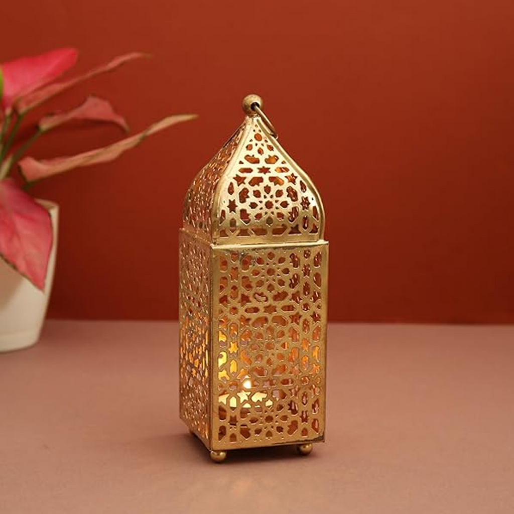 Gold Iron Tea Light Holder, Perforated Candle Stand for Diwali - Pack of 1 1