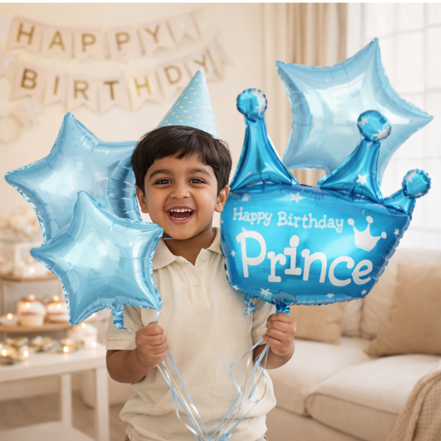 5 Pcs Blue Prince Theme Birthday Balloon Set - Large Crown Foil Balloon, Star Balloons, and Round Prince Mylar Balloons for Boys' First Birthday Party Decorations