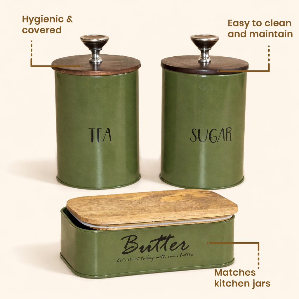 Tea, Sugar & Butter Dish With Airtight Wooden Lids Set of 3 (Green) 4