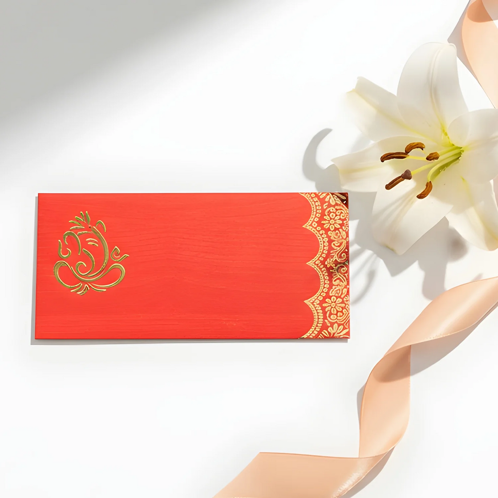 Premium Red Shagun Envelope with Gold Foil Ganesh Design - Traditional Money Gift Cover for Weddings, Housewarming, and Puja (19 x 9 cm) (Pack of 10) 1