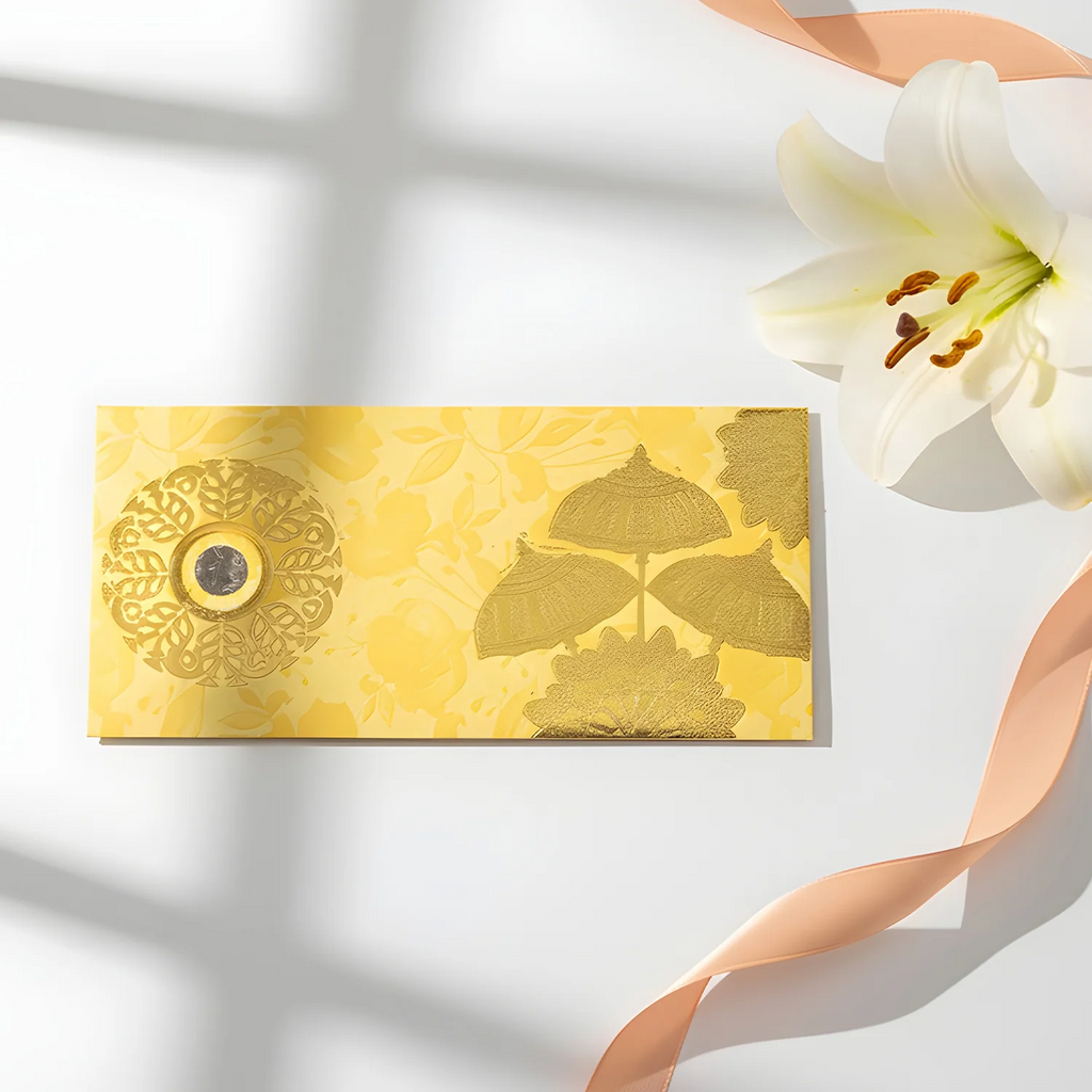 Premium Gold Foil Umbrella Print Wedding Shagun Envelopes (19cm x 9cm) – Elegant Cash Gift Envelopes for Marriages & Festivals (Pack of 10)
