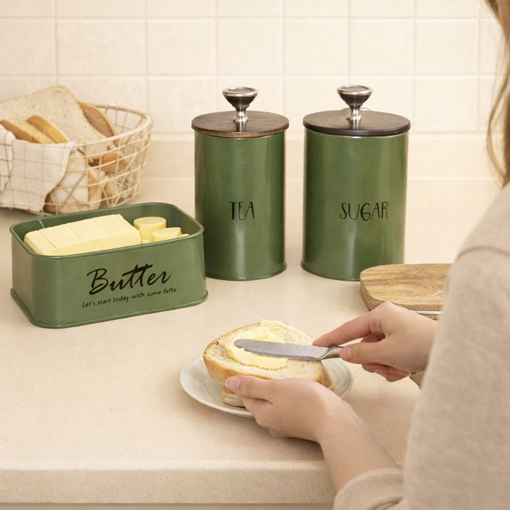 Tea, Sugar & Butter Dish With Airtight Wooden Lids Set of 3 (Green) 1