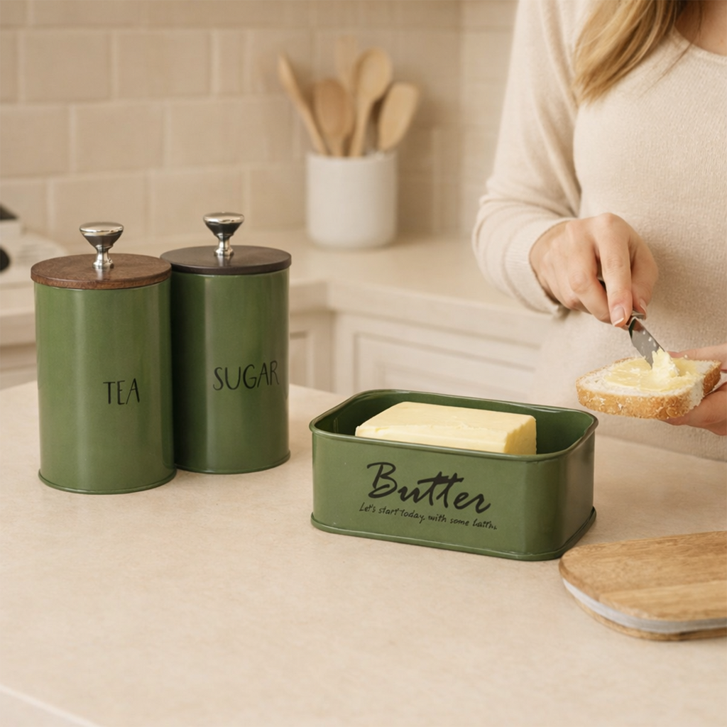 Tea, Sugar & Butter Dish With Airtight Wooden Lids Set of 3 (Green) 3