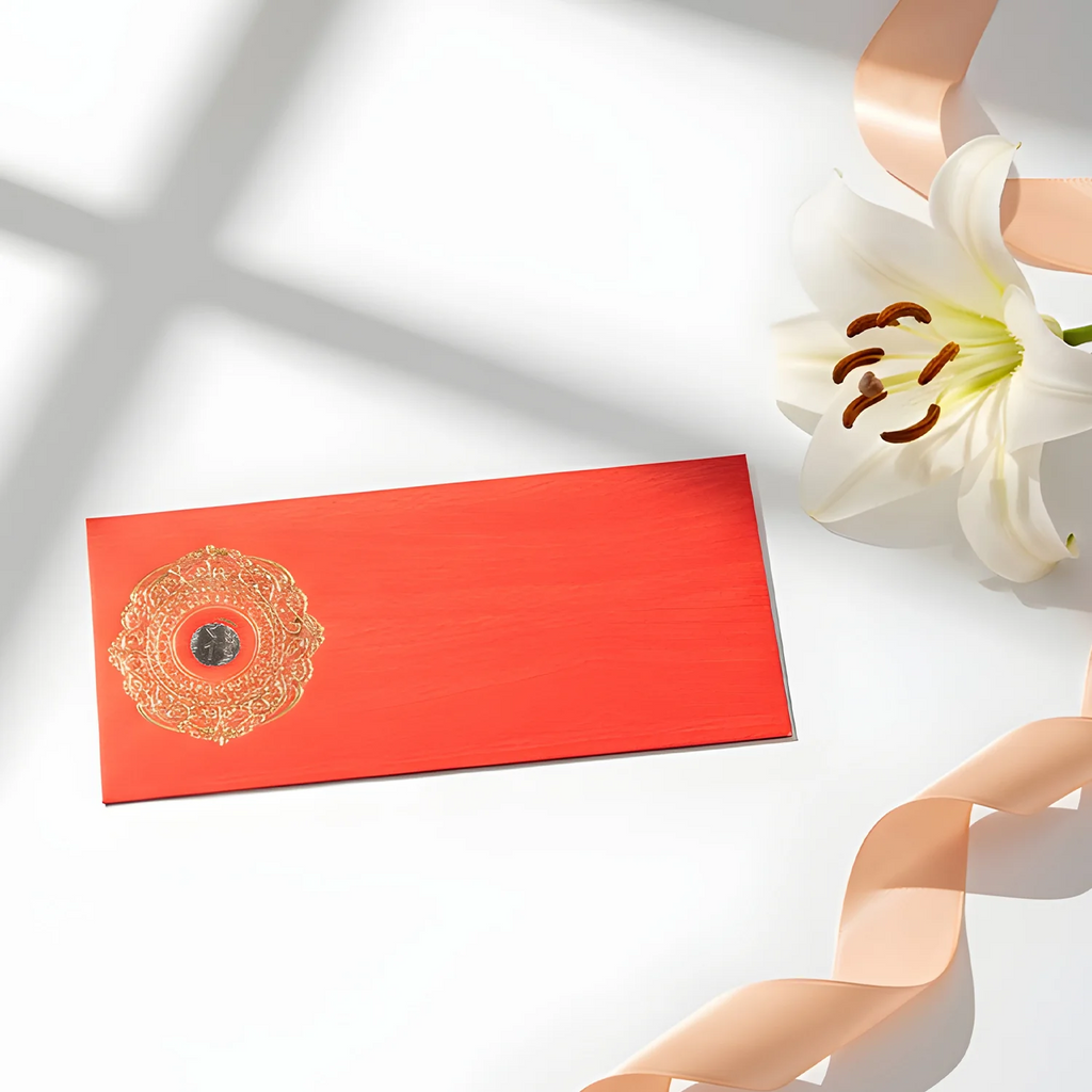 Premium Red Textured Shagun Envelope with Golden Mandala & Real 1 Rupee Coin - Traditional Money Gift Cover for Weddings, Rakhi, and Diwali (19 x 9 cm) 1