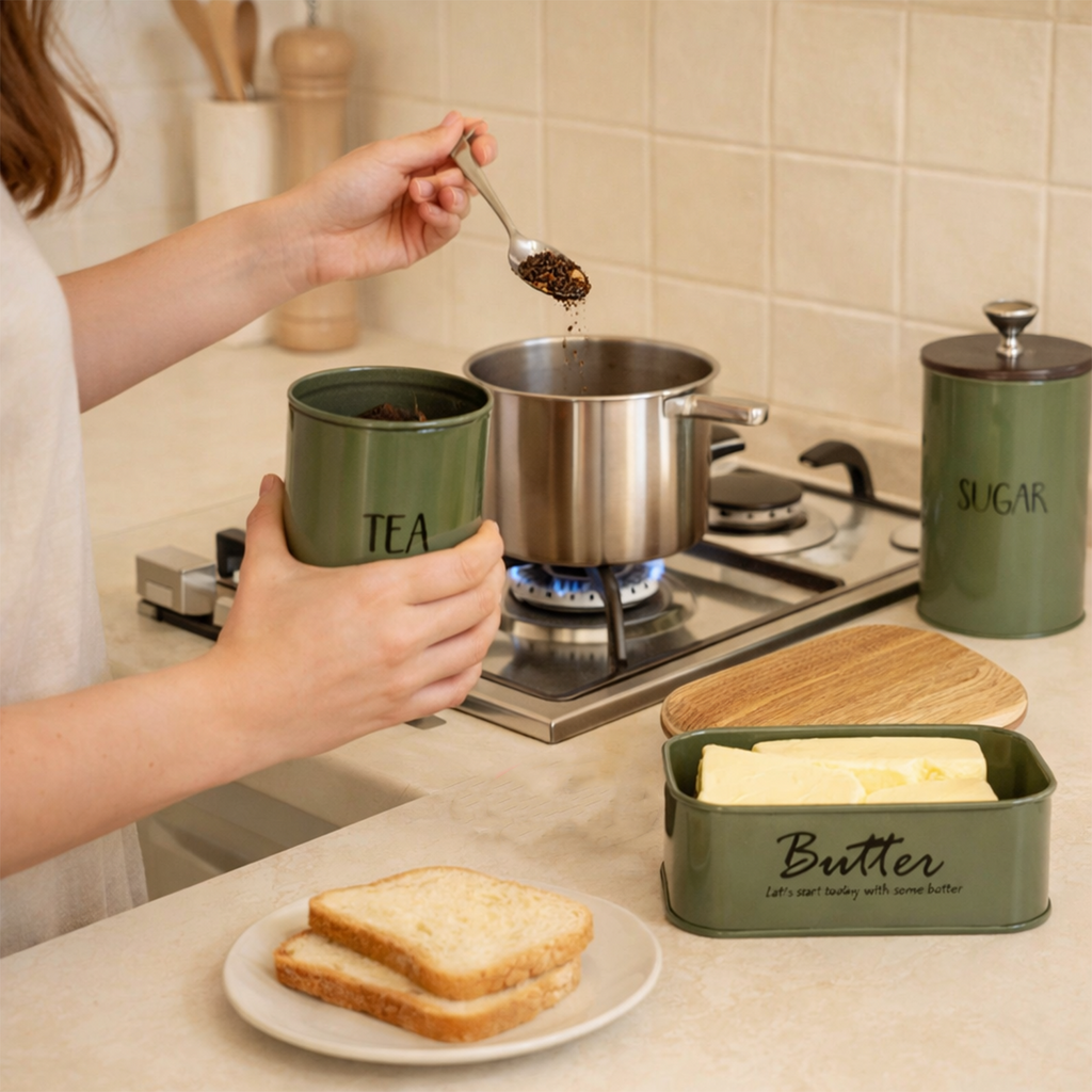 Tea, Sugar & Butter Dish With Airtight Wooden Lids Set of 3 (Green) 2
