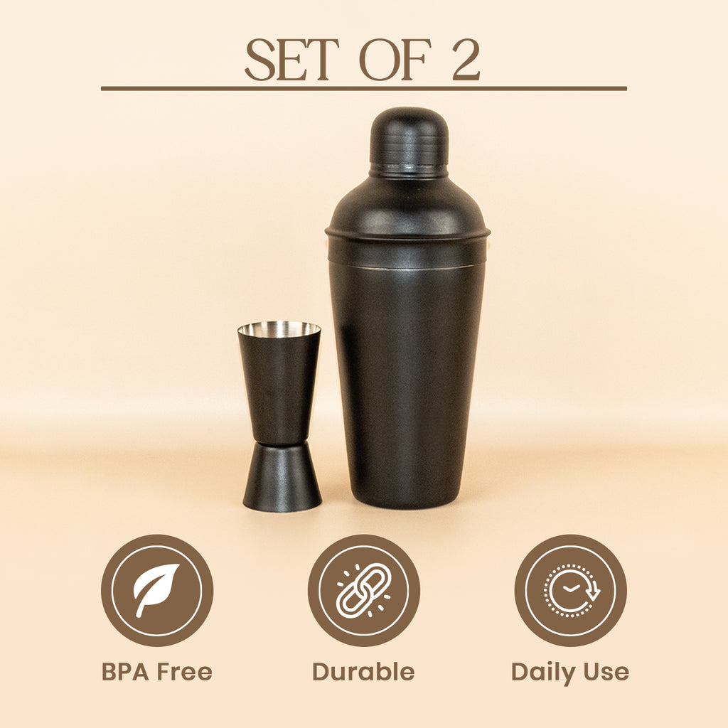 Matte Black Cocktail Shaker Set (Set of 2) – 21cm Stainless Steel Shaker & Double Measurer | Professional Leak-Proof Bar Tool Kit for Home Mixology | BPA Free & Durable