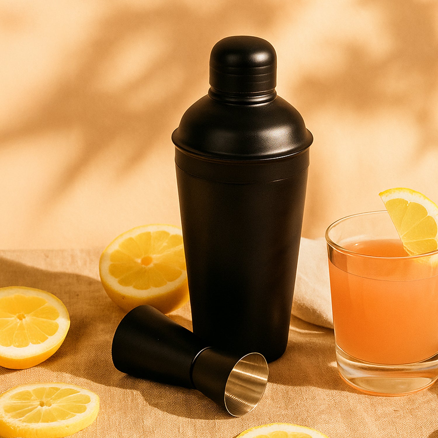 Matte Black Cocktail Shaker Set (Set of 2) – 21cm Stainless Steel Shaker & Double Measurer | Professional Leak-Proof Bar Tool Kit for Home Mixology | BPA Free & Durable