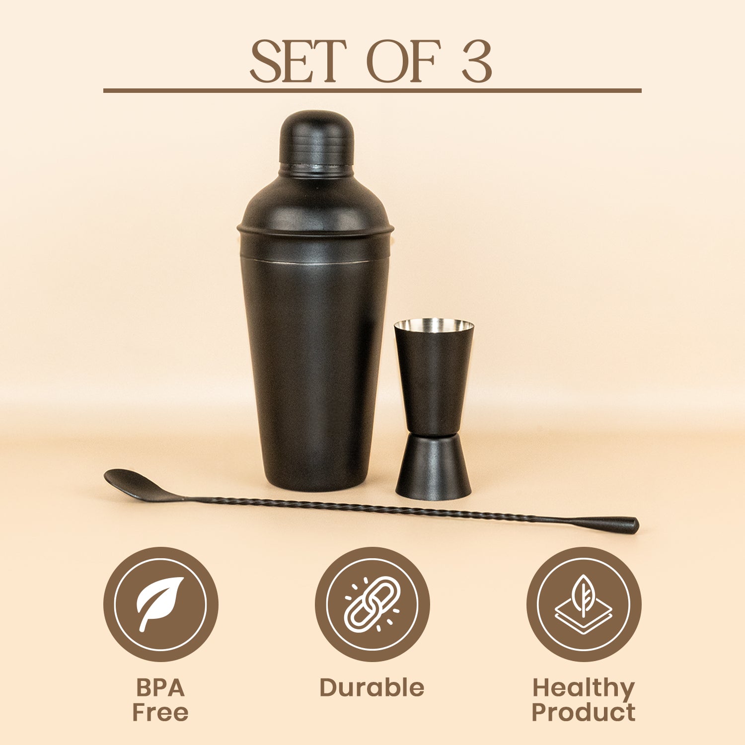 Cocktail Shaker Bar Set of 3 – Stainless Steel Matte Black Shaker with Peg Measure & Bar Spoon