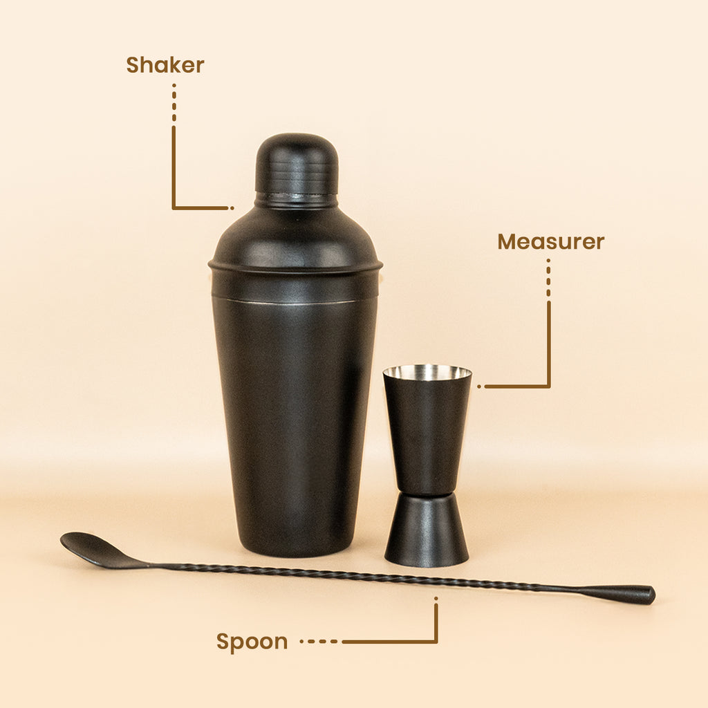 Cocktail Shaker Bar Set of 3 – Stainless Steel Matte Black Shaker with Peg Measure & Bar Spoon