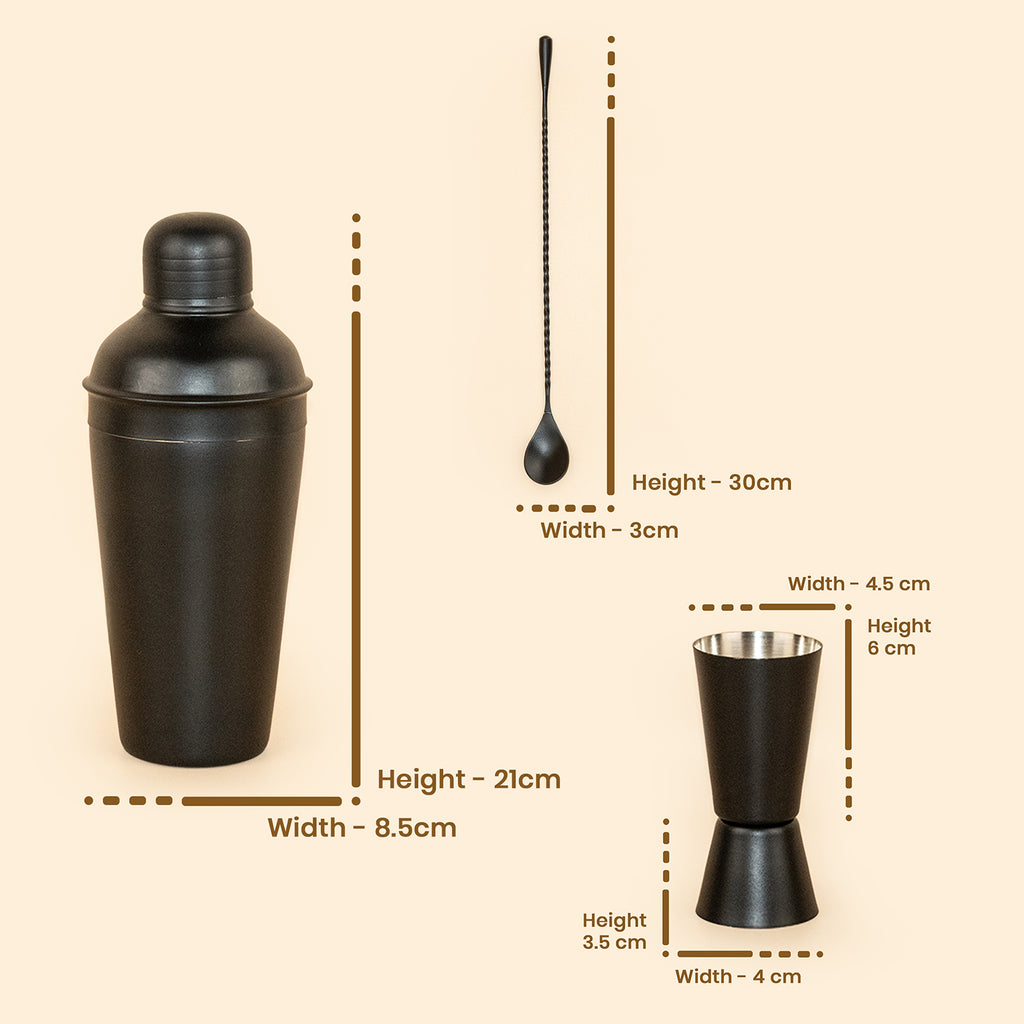 Cocktail Shaker Bar Set of 3 – Stainless Steel Matte Black Shaker with Peg Measure & Bar Spoon