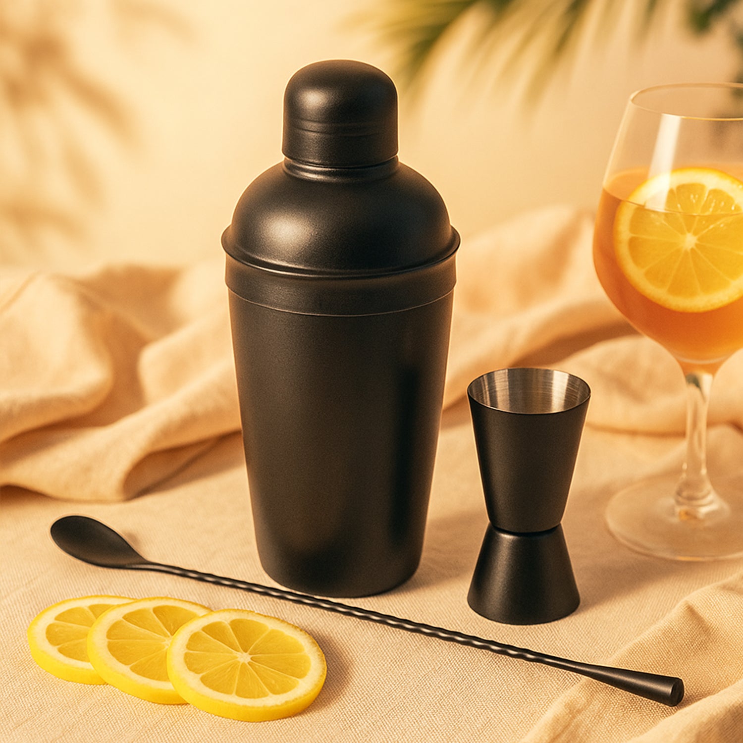 Cocktail Shaker Bar Set of 3 – Stainless Steel Matte Black Shaker with Peg Measure & Bar Spoon