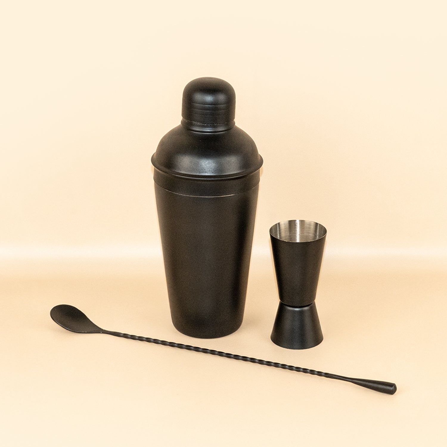 Cocktail Shaker Bar Set of 3 – Stainless Steel Matte Black Shaker with Peg Measure & Bar Spoon