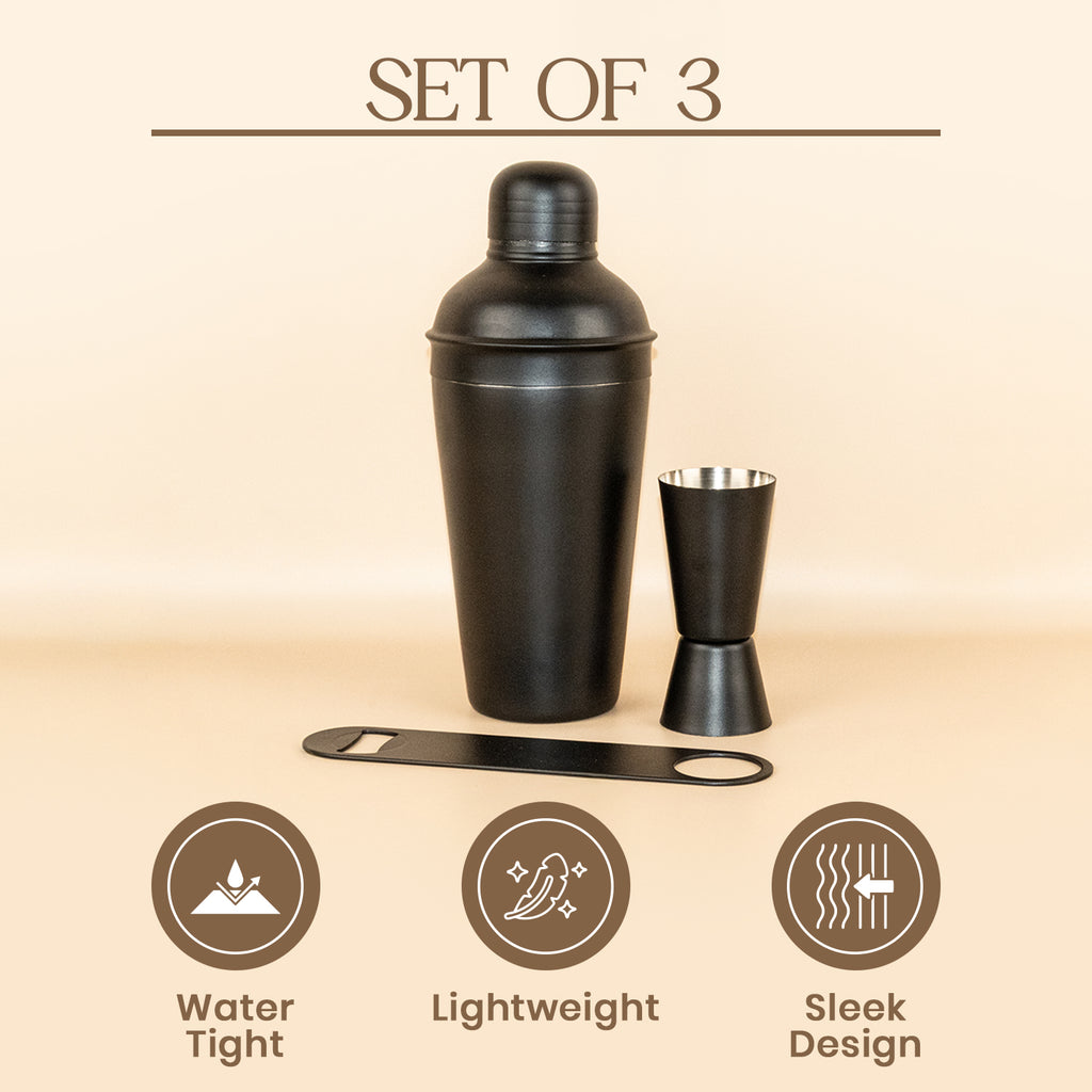 Stainless Steel Cocktail Shaker Bar Set of 3 | Matte Black Shaker, Peg Measure & Bottle Opener