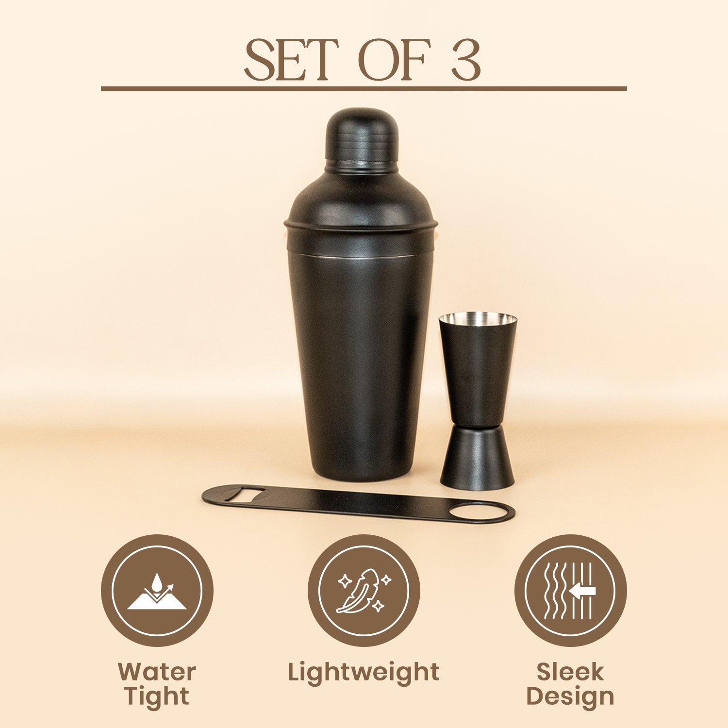 Stainless Steel Cocktail Shaker Bar Set of 3 | Matte Black Shaker, Peg Measure & Bottle Opener